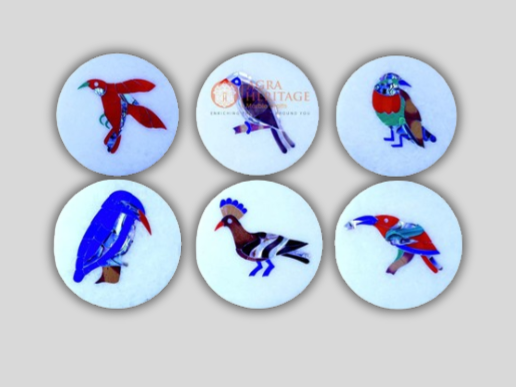 Round Marble Coaster Set Inlaid Birds Floral Home Decor Gifts